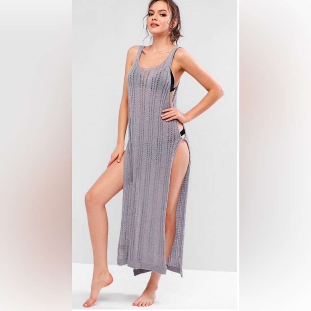 Slit grey crotchet coverup dress